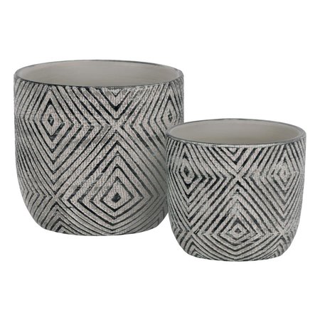 URBAN TRENDS COLLECTION Terracotta Round Planter with Lattice Diamond Design Body Painted  Black Set of 2 55900
